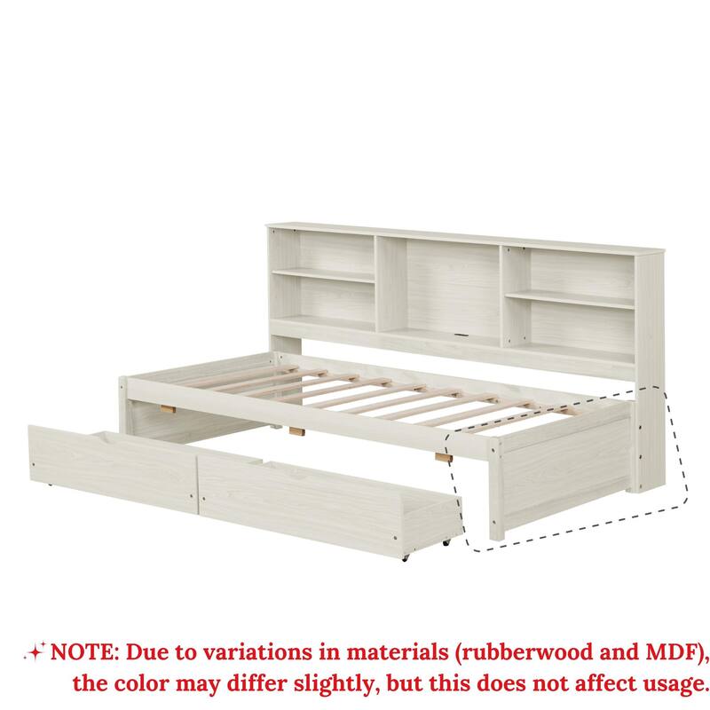 Twin Size Daybed with Built-In Side Bookshelves, Storage Drawers, and USB Charging Ports, Natural Wood Finish
