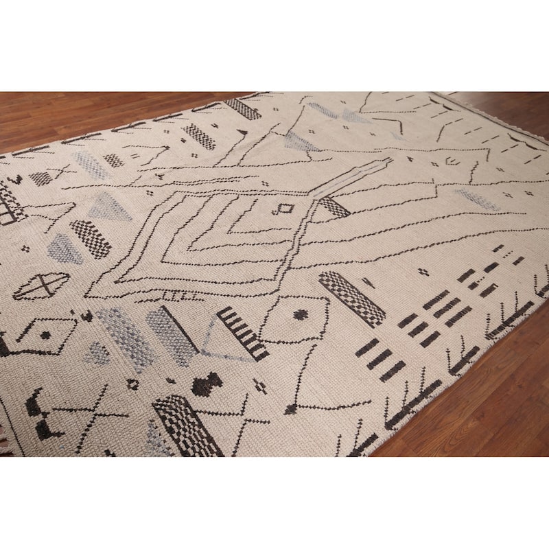 Ivory Moroccan Area Rug Handmade Abstract Wool Carpet - 6'11"x 10'4"