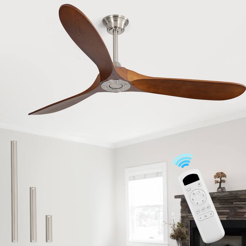 Sofucor 60 Inch Ceiling Fan No Light With Remote Control 3 Fan Blades Reversible DC Motor Timer Farmhouse - Remote Control - Nickel with Brown Solid wood Blades