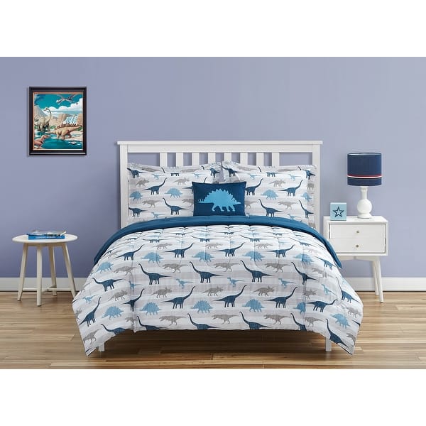 slide 2 of 7, Dinosaur Chambray Navy/Blue/Gray Soft Microfiber Comforter Set