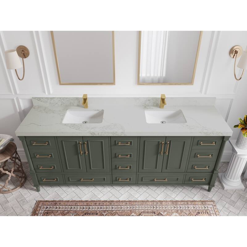 Willow Collections 84 in. W x 22 in. D Aberdeen Double Bowl Sink Bathroom Vanity in Pewter Green with Countertop - 2" Calacatta Nuvo - Pewter Green
