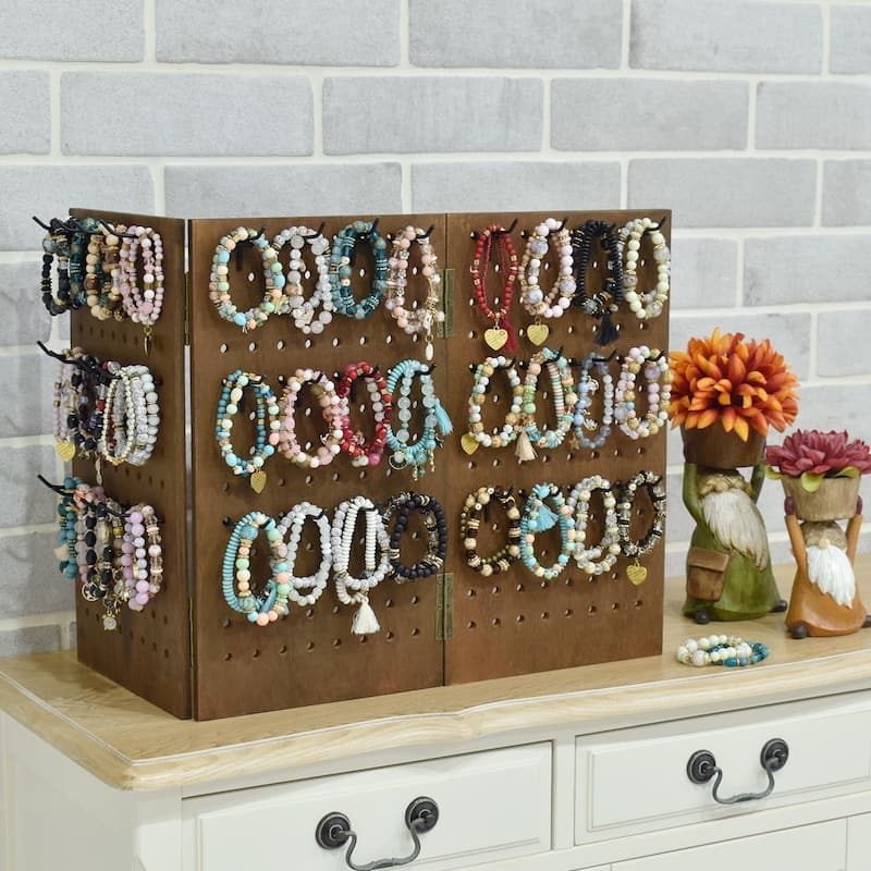 Wall-Mountable Wooden Foldable 3-Panel Pegboard Jewelry Display Organizer with 48 Removable Hooks - S