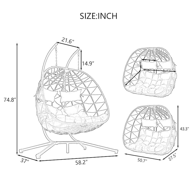 Steel Frame 2-Person Egg Chair with Stand and Outdoor Wicker Hanging Swing for Patio/Balcony