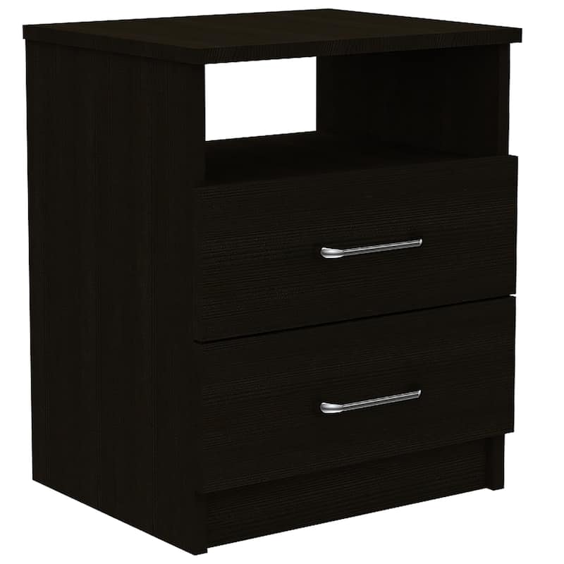 Brown Oak 2-Drawer Rectangular Nightstand with Metal Handles for Bedroom