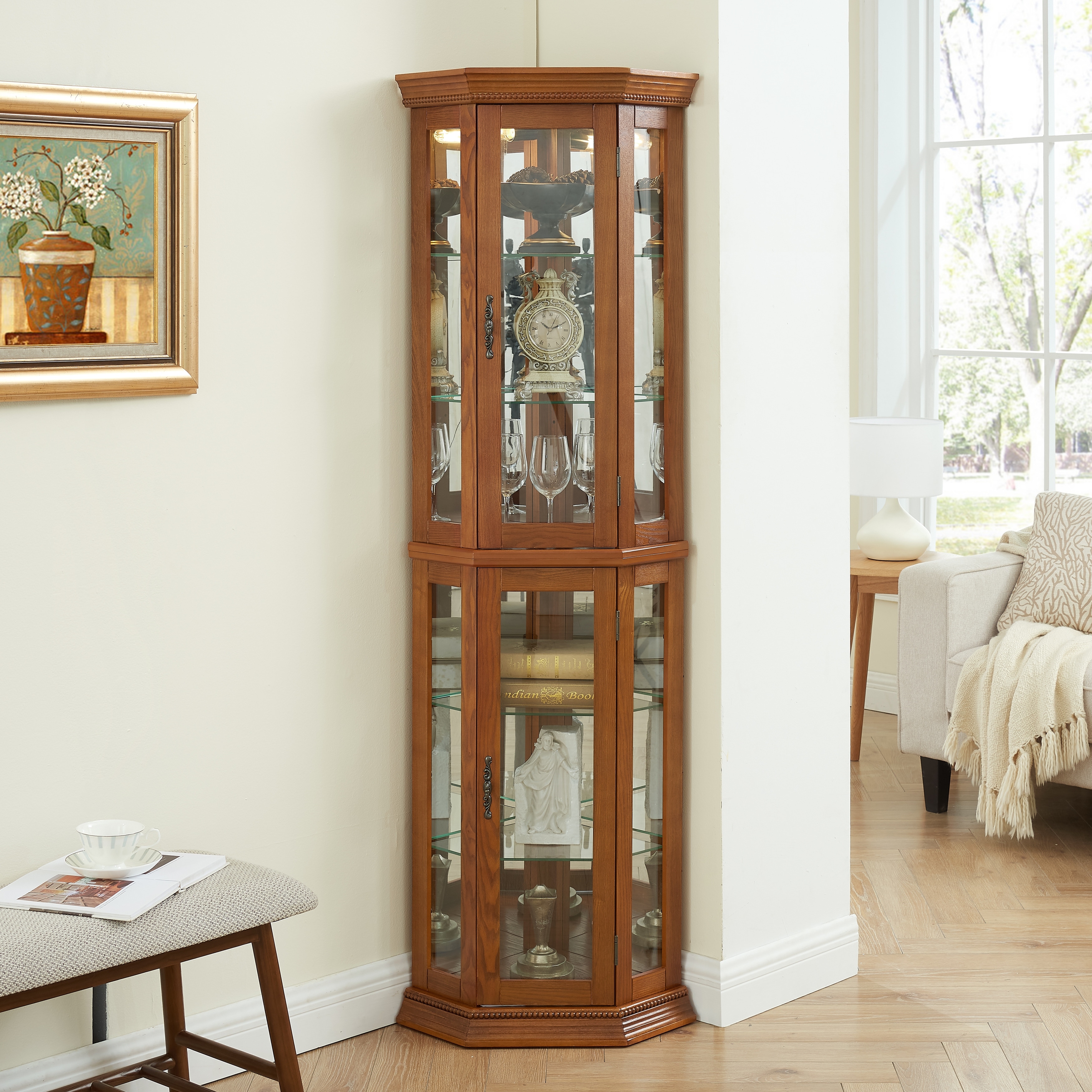 GDFStudio - Traditional Storage Corner Curio Cabinet with Lighted Glass Shelves