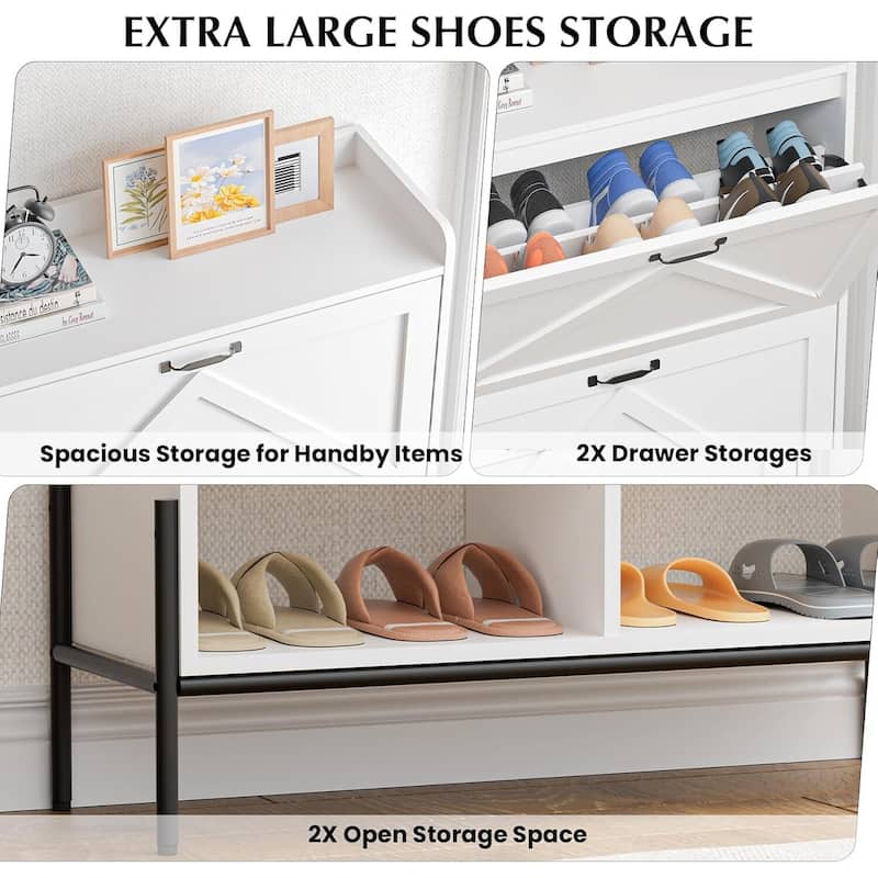 Shoe Cabinet with 2 Flip Drawers and Open Shelves