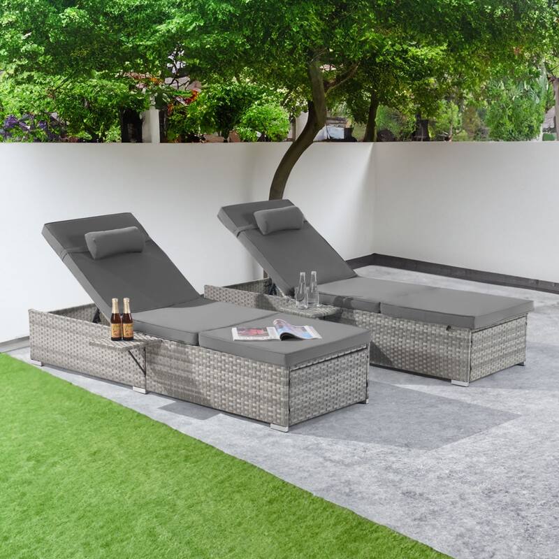 SANSTAR 2-piece Patio Chaise Lounge Chairs, Rattan Reclining Chair Pool Adjustable Backrest Sunbathing Wicker Recliners - Light Grey