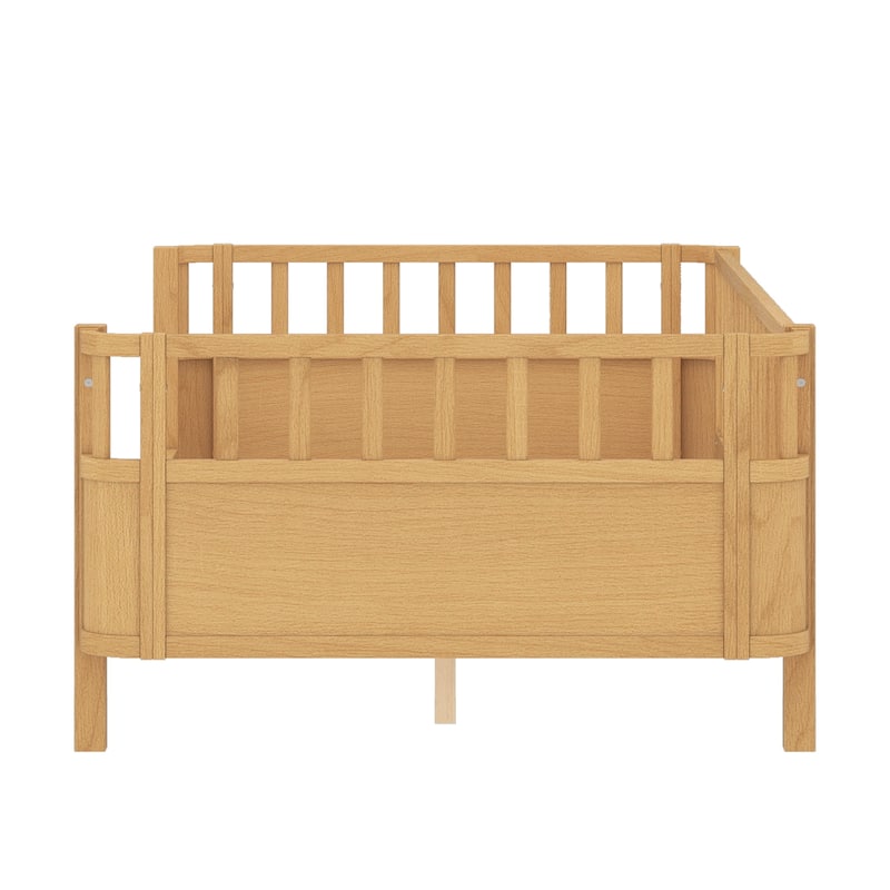 Multi Size Low Platform Bed for Kids with Rounded Corners Guardrails, Detachable Right-side Fence and Open Left-side Design