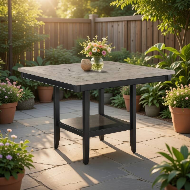 Filu Counter Height Dining Table, Lazy Susan, 48 Inch Gray Top - Black, Light Gray