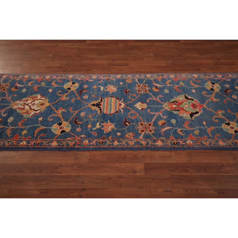 Blue Floral Ziegler Vegetable Dye Runner Rug Hand-Knotted Wool Carpet - 2'8" x 12'3"