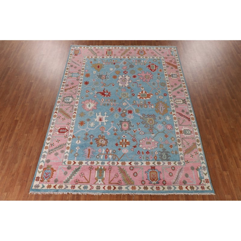 Light Blue & Pink Oushak Oriental Area Rug Handmade Wool Carpet - 8'11"x 11'10"