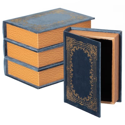 Set of 4 Decorative Vintage Book Shaped Trinket Storage Box, Blue