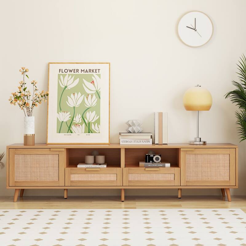85" TV Stand with Rattan Design, Media Console for Living Room with Storage Cabinets & Open Shelves