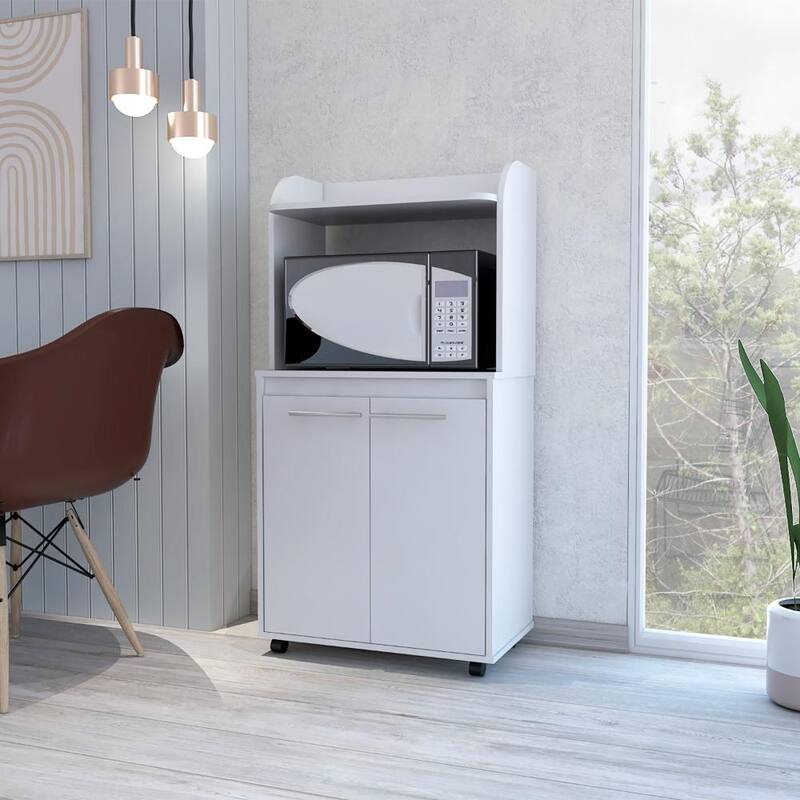 Kitchen Cart 49" H, Two Door Cabinet, One Open Shelf, Two Interior Shelves, White