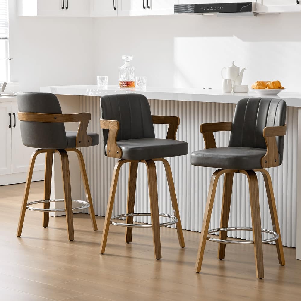 Upholstered Wood Swivel Counter Height Barstool with Arms