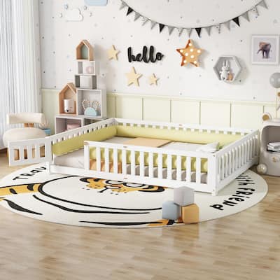 Queen Size Bed Floor Bed with Safety Guardrails and Door for Kids