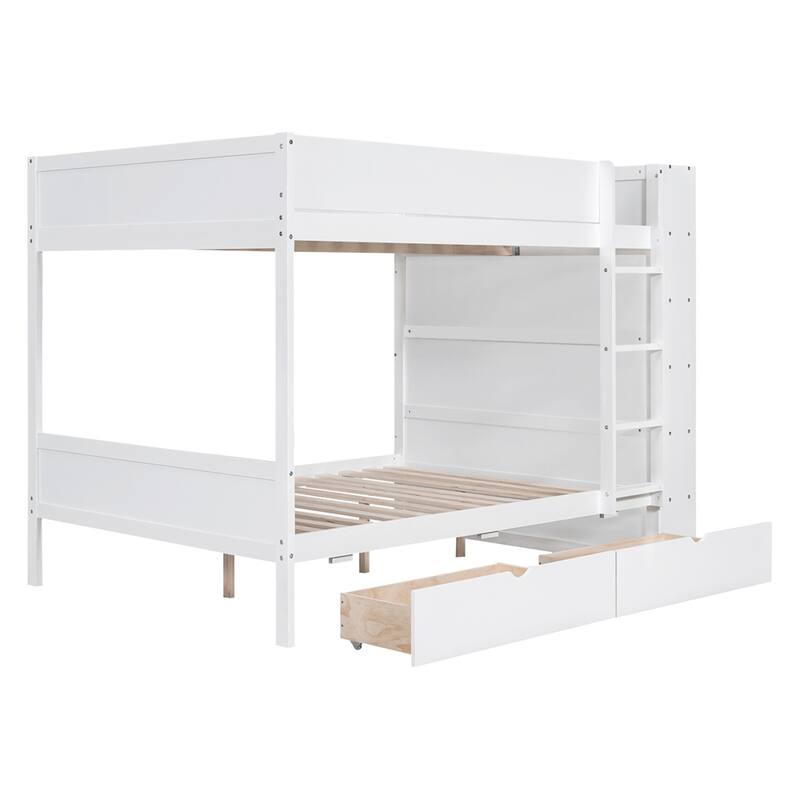 Full Over Full Wood Bunk Bed with 2 Drawers and Multi-layer Cabinet