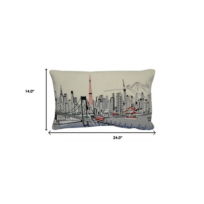 HomeRoots 25" White Tokyo Daylight Skyline Lumbar Decorative Pillow