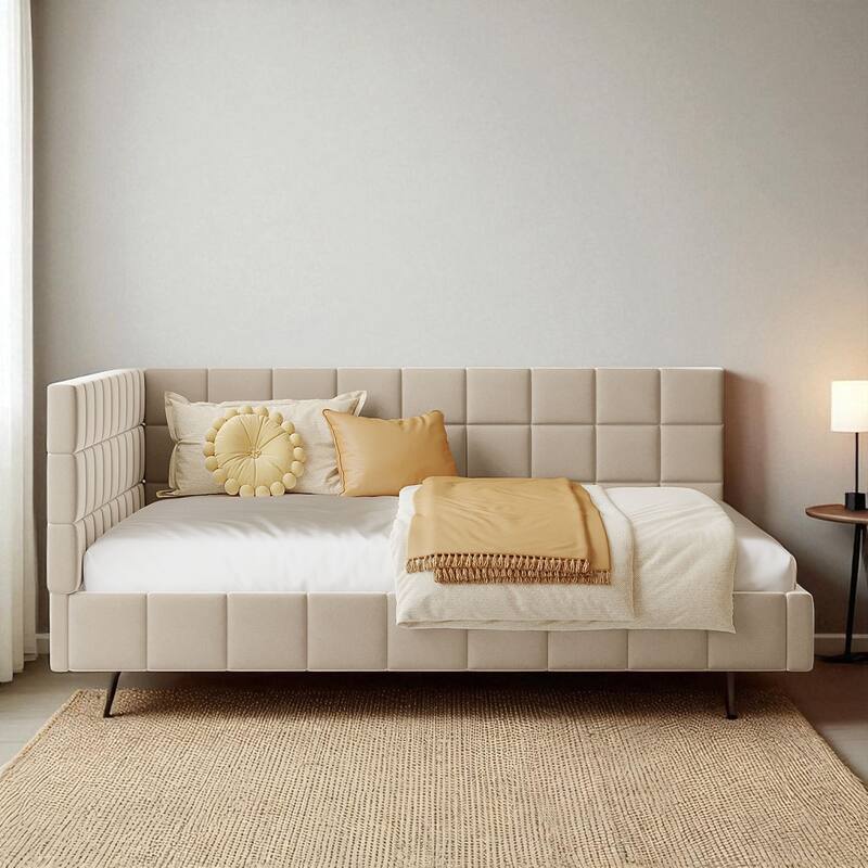 Full Size Upholstered Mid-Century Daybed Sofa Bed Frame with Velvet Fabric and Slats Support