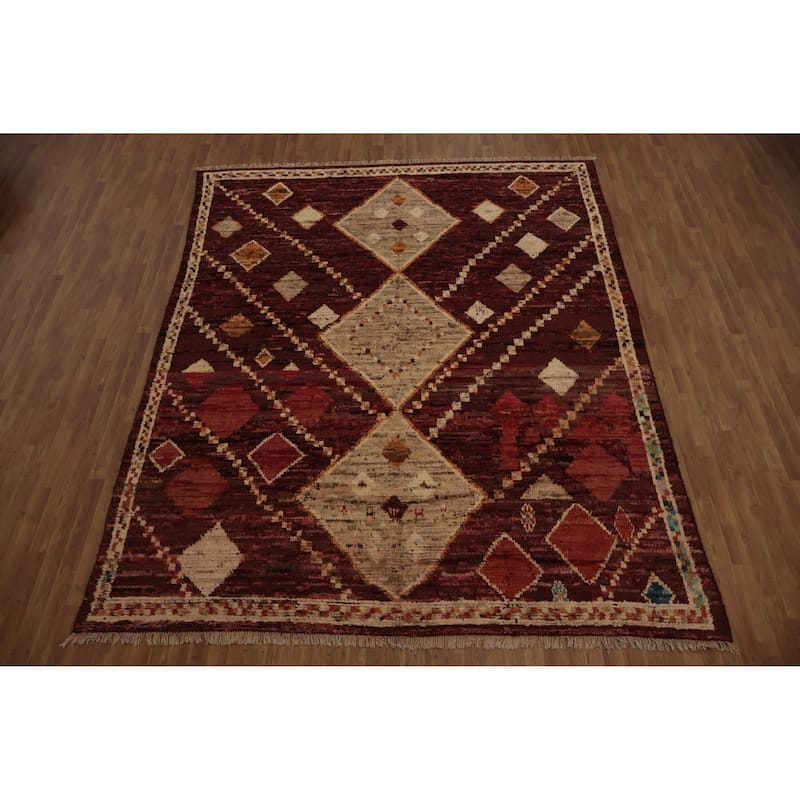 Hand Knotted Oriental 100% Wool Carpet Modern Tribal Red Moroccan Area Rug - 11' 9'' X 9' 3''
