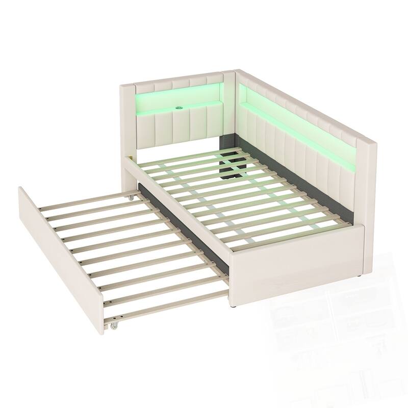 Upholstered Platform Bed with USB Ports and LED Belt With Trundle