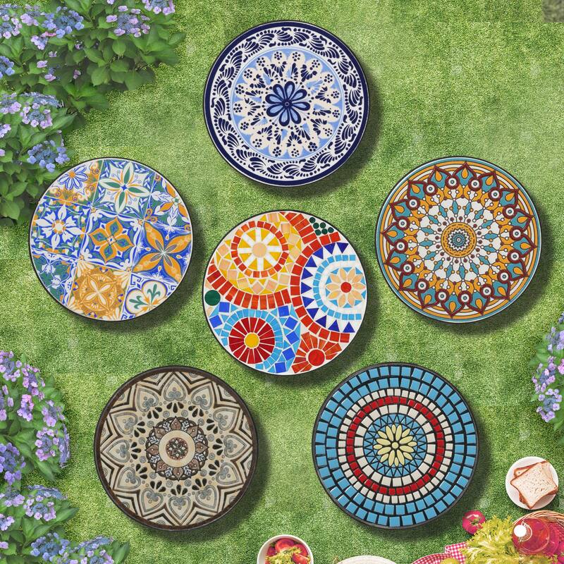 Round Ceramic Outdoor Side Table,Colorful+Black