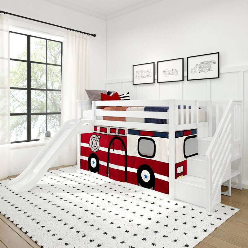 Max and Lily Classic Low Bunk with Stairs, Easy Slide and Curtain - White