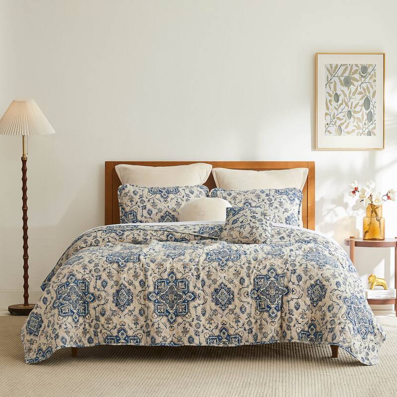 Persia 7-Piece Oversized Quilt Bedding Set - Indigo - 7 Piece - Queen