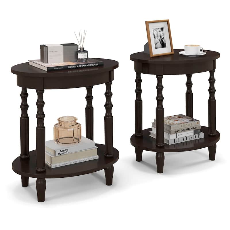 Gymax 2 PCS 2-Tier End Table Oval Compact Sofa Side Nightstand w/ - Espresso