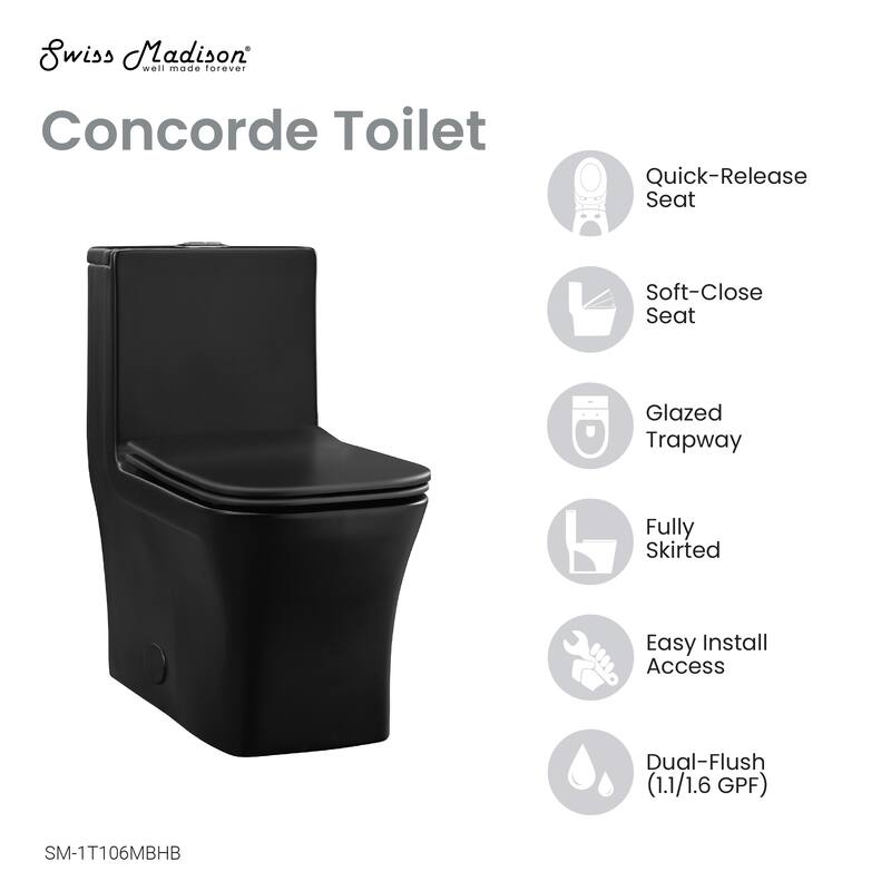 Concorde One Piece Square Toilet Dual Flush In Matte Black, Black Hardware 1.1/1.6 Gpf - 26.05" x 14" 29.25"