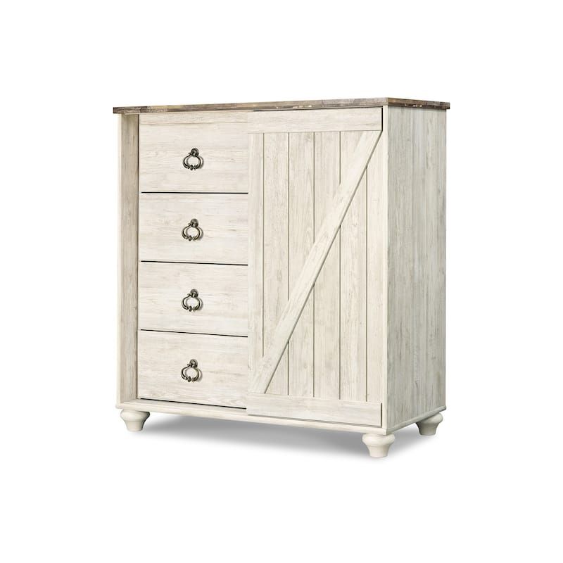 Isla Dresser Chest, 4 Drawer, Sliding Barn Door, Brown Top, Whitewash