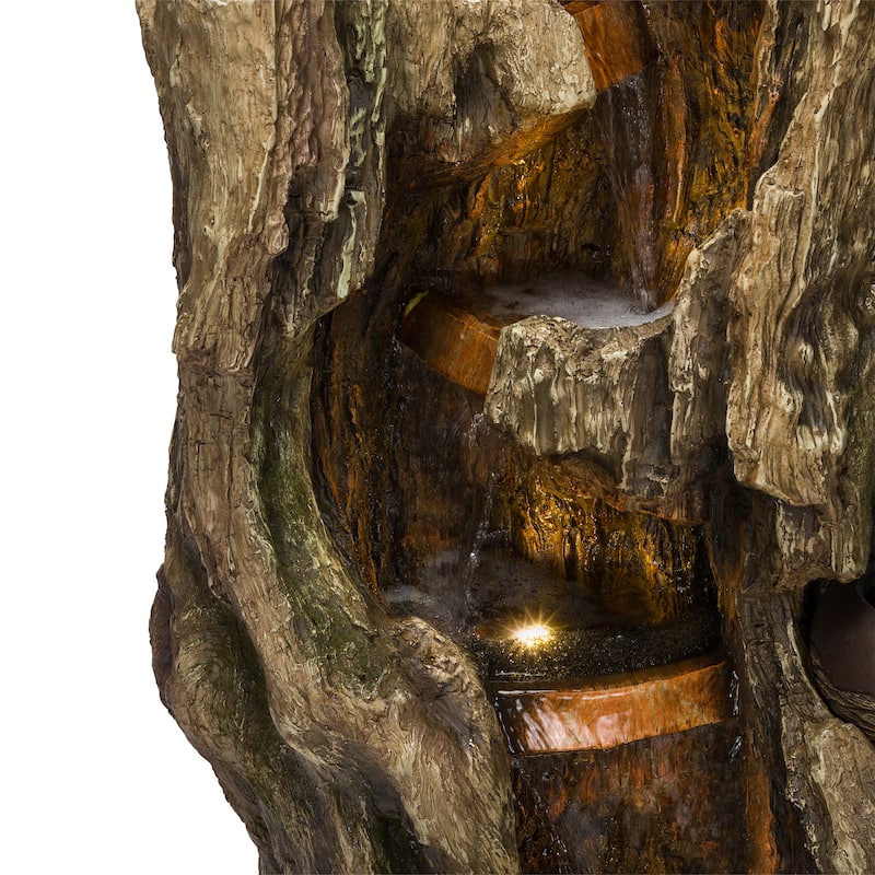 Alpine Corporation WIN1530 Indoor/Outdoor Floor Waterfall, Tree Trunk Fountain w/ LED Lights & 2 Flower Pots, 52", Brown