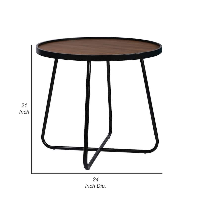 24 in. Brown and Black Round Wood End Table with Cross Base