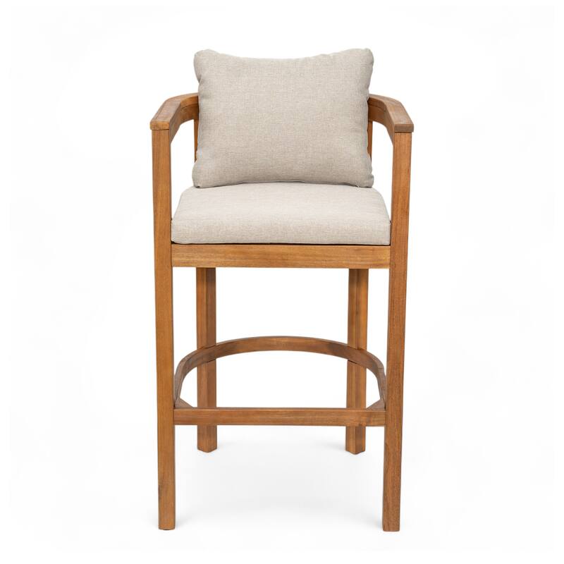 Roomfitters Abaco Outdoor Acacia Wood Barstools with Cushions, Teak Finish and Beige Set of 2