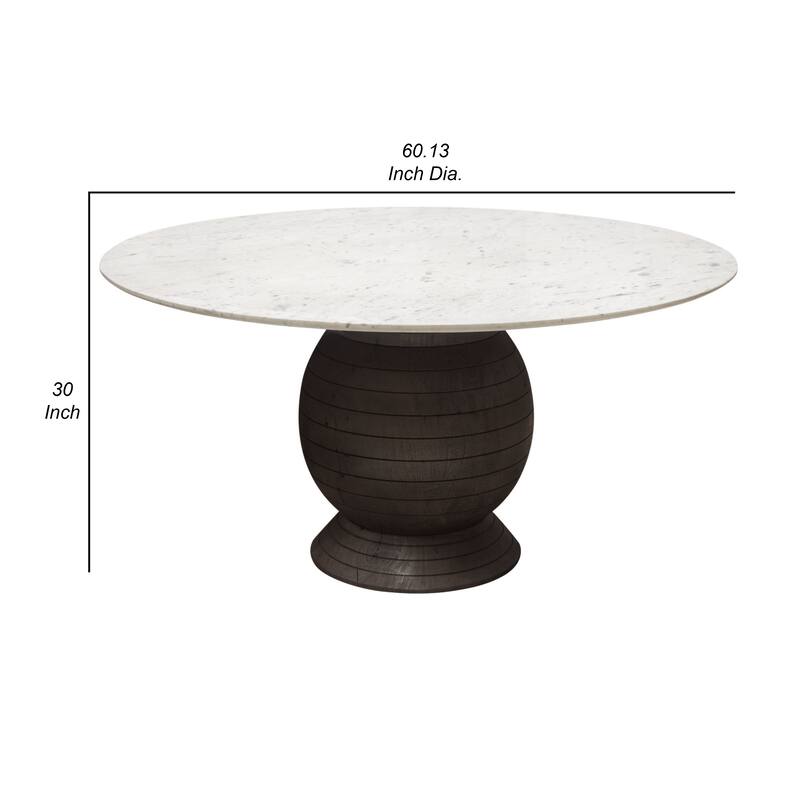 Hizy Dining Table, 60 Inch, Round White Marble Top, Acacia Wood Base - White, Espresso Brown