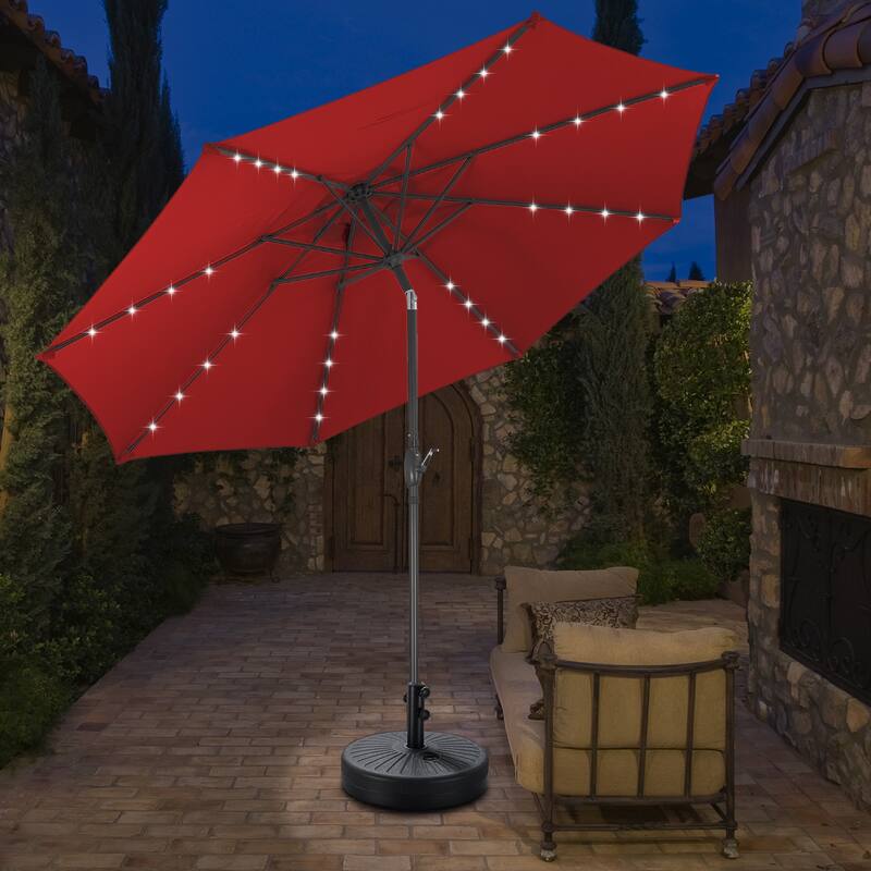 10ft Patio Umbrella with Lights Outdoor Solar Umbrella - Red with Base