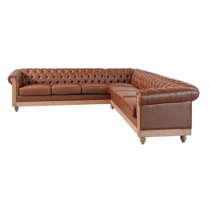L-Shaped Sectional Sofa with Nailhead Trim & Wooden Legs, PU Leather Upholstered Sofa, Large Corner 6-Seater Sofa