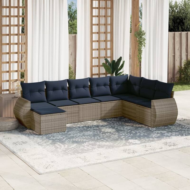 vidaXL 8 Piece Patio Sofa Set with Cushions Grey Poly Rattan - 24.4" x 24.4" x 27.2" - Grey and blue Without table