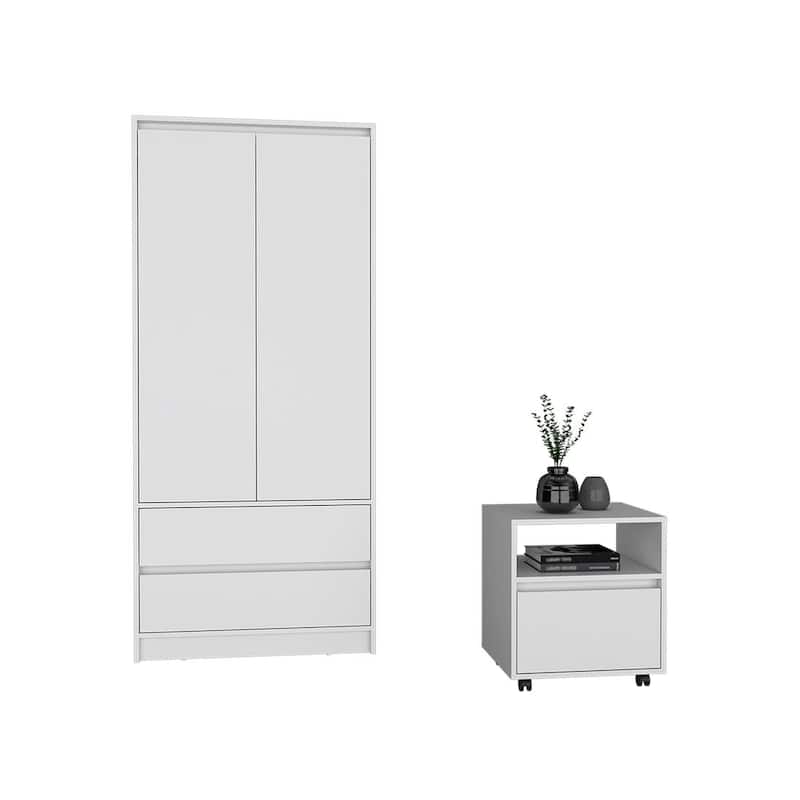 2 Piece Bedroom Set for Bedroom,Apartment, Nightstand + Armoire, White - White