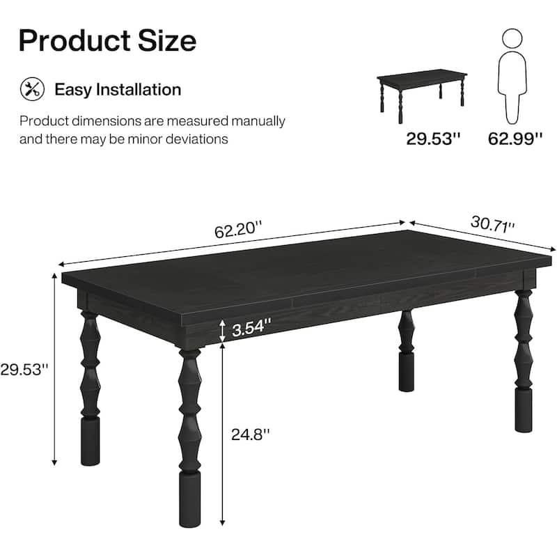 62" Wood Farmhouse Dining Table for 4-6 People, Large Rectangle Kitchen Table