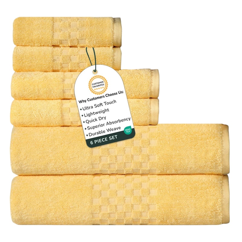 Feather and Stitch NY 650 GSM Premium Cotton 6 Piece Towel Set Super Absorbent Quick Dry Spa Quality - Yellow