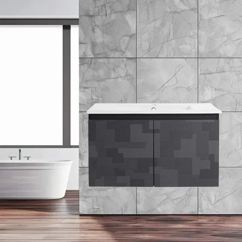 Modern 30'' Wall-Mounted Vanity with Ceramic Sink & Triple Soft-Close Cabinet Doors - Tetris