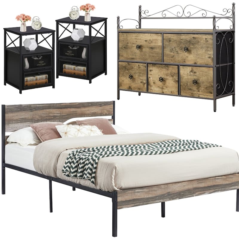 4-Pieces Bedroom Set with Drawer and Nightstands Set of 2, 5-Drawer Dresser, Brown/Grey Set - Grey - Full