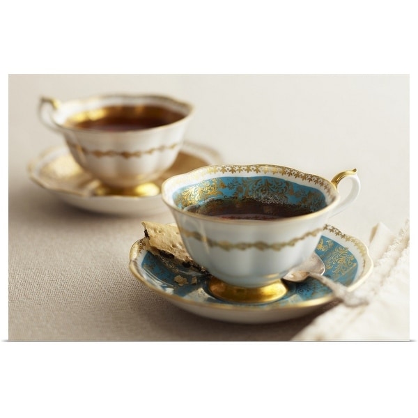 "Elegant tea cups and saucers, close-up" Poster Print