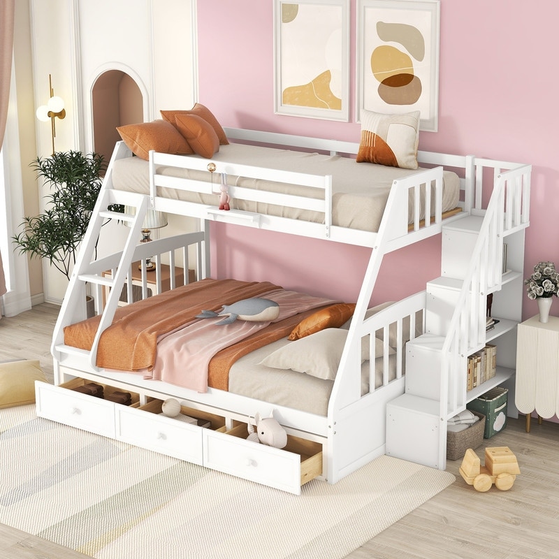 Twin Over Full Bunk Bed with Stairs and Storage Drawers Ladder