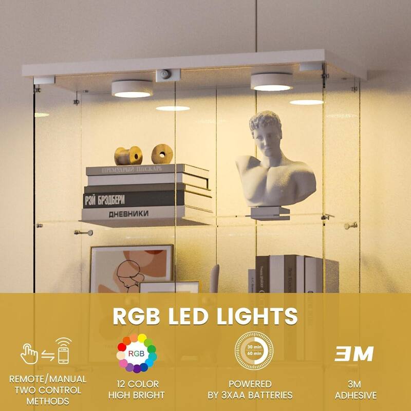 5-Shelf Glass Display Cabinet with Locking Door, 12-Color LED Lights and Remote Control