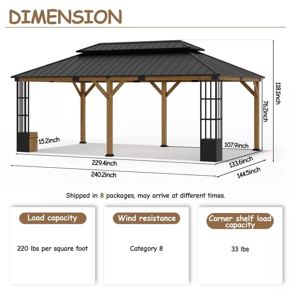 Kullavik Solid Cypress Wood Gazebo, Double Layered Canopy/Roof