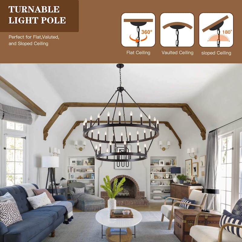 36-Light Black Wagon Wheel Chandelier Rustic Farmhouse Ceiling Light with Adjustable Height - 2 Tier 36lights