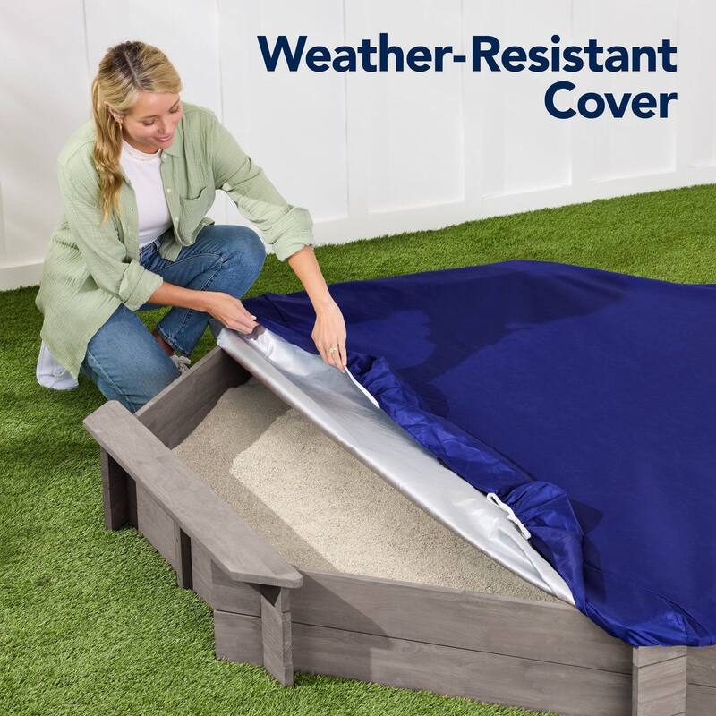 Outdoor Kids Sandbox with Bench Seats and Hemlock Wood Frame UV-Resistant Cover and Liner - 78”L x 78”W x 9”H