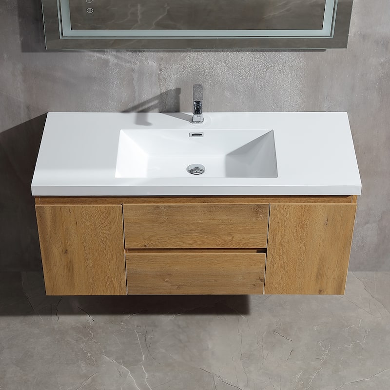 Floating Bathroom Vanity 24"-48" – Smoked Oak Finish, White Integrated Sink